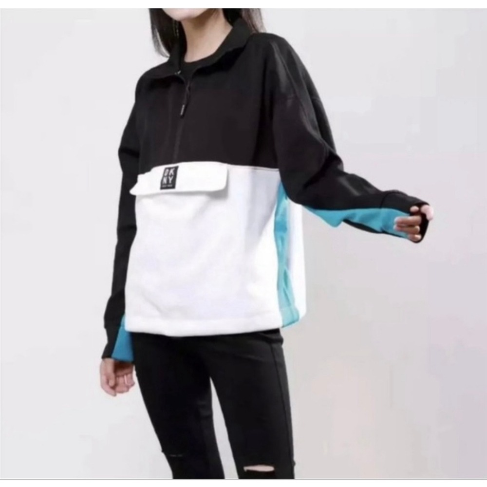 DKNY Pullover Top Women Sz‎ S Black 1/2 Zip Sweatshirt Pocket Long Sleeves EUC